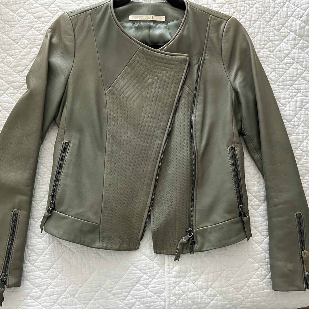 Dorothee Schumacher Olive Green Leather Jacket UK 2 Small